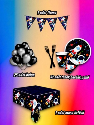 32 Kişilik Uzay Temalı Mini Set - Doğum Günü Parti ve Eğlenceli Etkinlikler Için