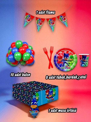 8 Kişilik Pijamask Temalı Mini Set - Doğum Günü Parti ve Eğlenceli Etkinlikler Için