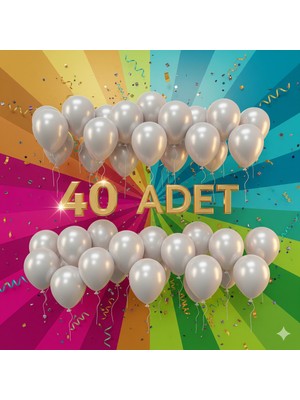 40 Adet Beyaz Metalik Balon Seti - Doğum Günü Parti ve Etkinlik Dekoru Için