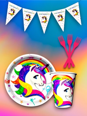 8 Kişilik Unicorn Temalı Tek Kullanımlık Servis Seti ve Flama