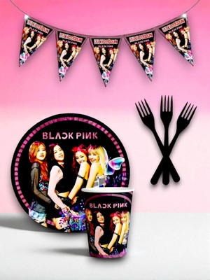 24 Kişilik Blackpink Temalı Tek Kullanımlık Servis Seti ve Flama
