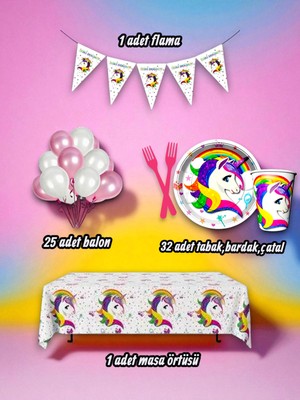 32 Kişilik Unicorn Temalı Mini Set - Doğum Günü Parti ve Eğlenceli Etkinlikler Için