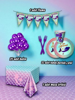 32 Kişilik Denizkızı Temalı Mini Set - Doğum Günü Parti ve Eğlenceli Etkinlikler Için
