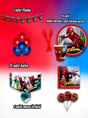 16 Kişilik Örümcek Adam Temalı Mini Set - Doğum Günü Parti ve Eğlenceli Etkinlikler Için