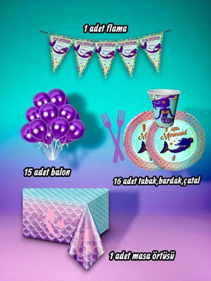 16 Kişilik Deniz Kızı Temalı Mini Set - Doğum Günü Parti ve Eğlenceli Etkinlikler Için