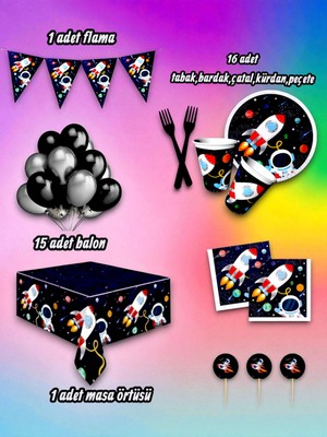 16 Kişilik Uzay Temalı Mini Set - Doğum Günü Parti ve Eğlenceli Etkinlikler Için