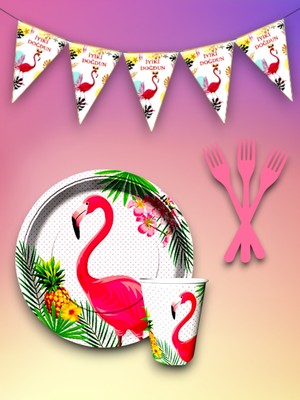 8 Kişilik Flamingo Temalı Tek Kullanımlık Servis Seti ve Flama