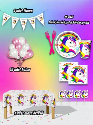 16 Kişilik Unicorn Temalı Mini Set - Doğum Günü Parti ve Eğlenceli Etkinlikler Için