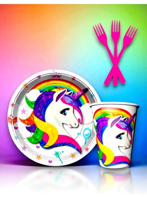 16 Kişilik Unicorn Temalı Tek Kullanımlık Servis Seti ve Flama