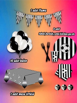 8 Kişilik Siyah Beyaz Temalı Midi Set - Doğum Günü Parti ve Eğlenceli Etkinlikler Için