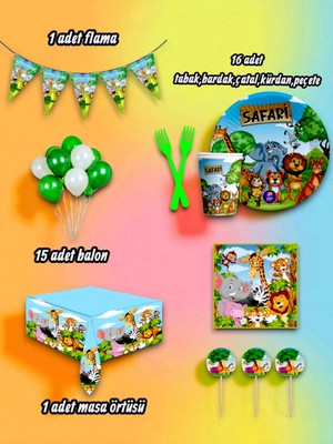16 Kişilik Safari Temalı Mini Set - Doğum Günü Parti ve Eğlenceli Etkinlikler Için