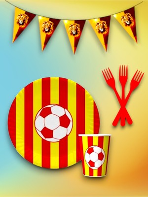 16 Kişilik Sarı Kırmızı Taraftar Temalı Tek Kullanımlık Servis Seti ve Flama