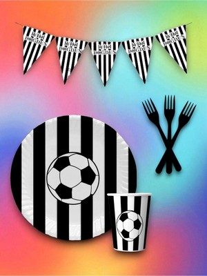 24 Kişilik Siyah Beyaz Taraftar Temalı Tek Kullanımlık Servis Seti ve Flama