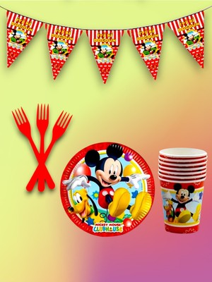 24 Kişilik Mickey Mouse Temalı Tek Kullanımlık Servis Seti ve Flama