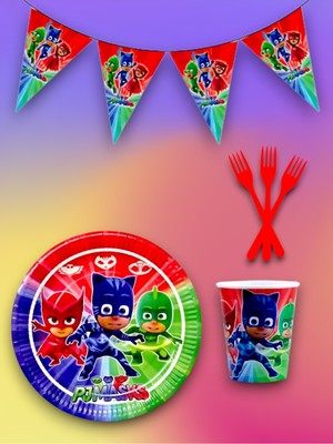 8 Kişilik Pijamask Temalı Tek Kullanımlık Servis Seti ve Flama