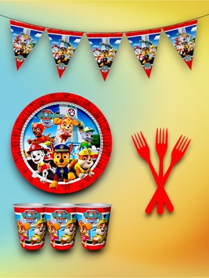 8 Kişilik Paw Patrol Temalı Tek Kullanımlık Servis Seti ve Flama