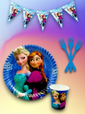 8 Kişilik Karlar Ülkesi Temalı Tek Kullanımlık Servis Seti ve Flama