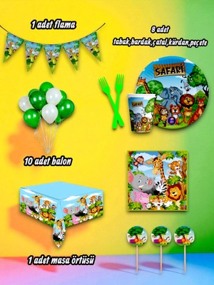 8 Kişilik Safari Temalı Mini Set - Doğum Günü Parti ve Eğlenceli Etkinlikler Için