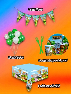 16 Kişilik Safari Temalı Mini Set - Doğum Günü Parti ve Eğlenceli Etkinlikler Için