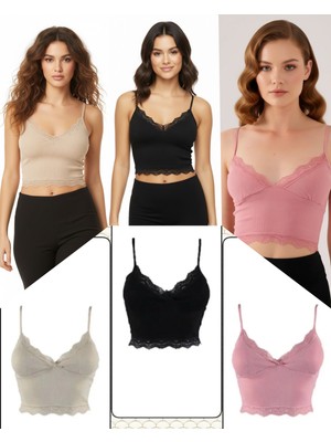 3'lü Crop Takım Askılı Dantelli Pedli Büstiyer Bluz (Paket Içeriği 1- Taş, 1-Pembe, 1-Siyah)