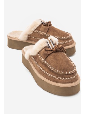 Luvi Yalına Toprak Süet Hakiki Deri Dikişli Kürklü Kadın Platform Tabanlı Makosen Terlik