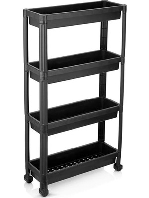 Dört Katlı Çok Amaçlı Tekerlekli Raf, Mutfak ve Banyo Düzenleyici Siyah