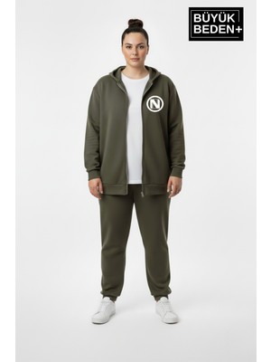 Superlife Kadın Büyük Beden Kapüşonlu Fermuarlı N Baskılı Sweatshirt Hırka SPR26BHRK922