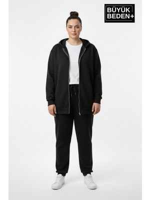 Superlife Kadın Büyük Beden Fermuarlı Kapüşonlu Sweatshirt Hırka - Rahat Kalıp SPR26BHR960