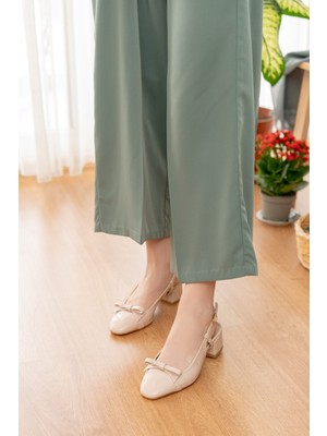 Divolya Livay Bej Rugan Fiyonklu (4 Cm) Yuvarlak Burunlu Günlük Kullanım Topuklu Ayakkabı