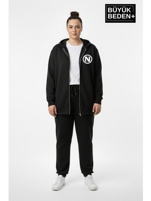 Superlife Kadın Büyük Beden Kapüşonlu Fermuarlı N Baskılı Sweatshirt Hırka SPR26BHRK922
