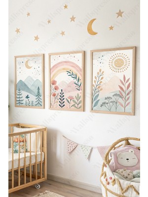 Wallspresso Çocuk Odası Ahşap Çerçeveli Tablo - 3'lü Tablo Seti - Bebek Odası Tablo - Üçlü Tablo - Bohem Tablo