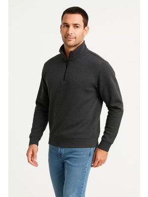 Moda Erkek Dik Yaka Sweatshirt Dik Yaka Yarım Fermuarlı 3 Iplik Şardonlu Pamuk Kumaş - Antrasit