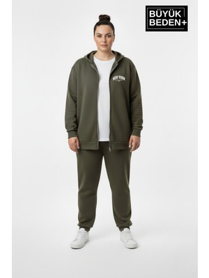 Superlife Kadın Büyük Beden Fermuarlı Kapüşonlu New York Baskılı Sweatshirt Hırka SPR26BHR923