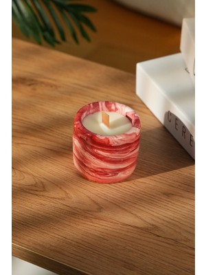 Love Bundles Crimson Flow %100 Soya Wax Odun Fitilli Kırmızı Mermer Desen Dekoratif Mum