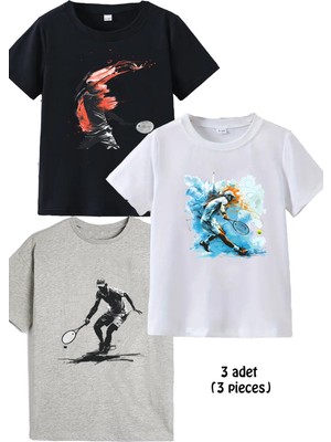 Makiteks 3lü Pamuk Kız Erkek Çocuk Tenniz Baskılı Tshirt Tişört 5 6 7 8 9 10 11 12 13 14 Yaş