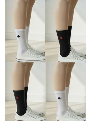 Iskambil Sinek Karo Maça Kalp Nakışlı Siyah Beyaz 4 Çift  Yazlık Kışlık Siyah Beyaz Soket Çorap Seti