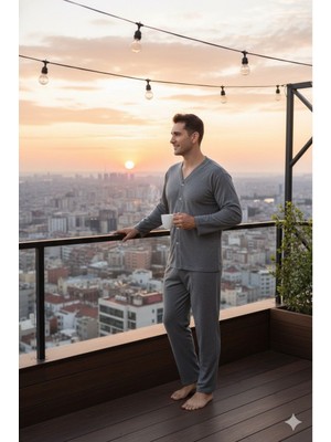 Sude Homewear Ercan Önden Düğmeli Gri Erkek Pjm Tkm