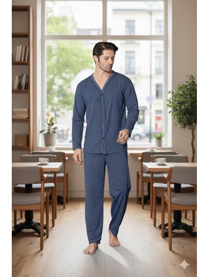 Sude Homewear Erkek Petrol Mavisi Uzun Kollu Önden Düğmeli Süprem Kumaş Pijama Takımı