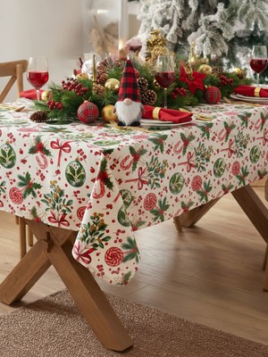 Tam Aklımdaki Masa Örtüsü - Yılbaşı Temalı Su Itici Duck Keten - Leke Tutmaz Yeni Yıl Konseptli Dekoratif Örtü