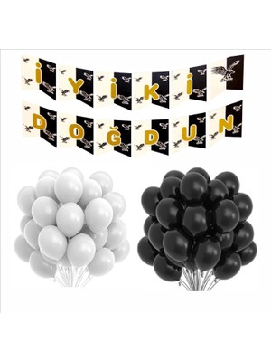 Zenviva Tarafar Siyah Beyaz 20 Balon Banner Seti
