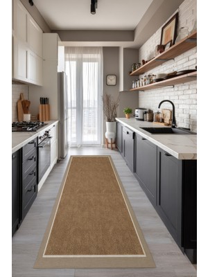 Arteluna Home&Living Dotto 202 Bej Beyaz Bordür Kahverengi Dijital Baskı Hasır Görünüm Kaydırmaz Taban Yıkanabilir Halı