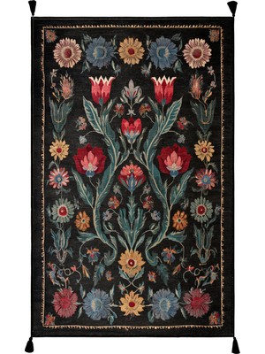 Arteluna Home&Living Karaköy 503 Siyah Püsküllü Vintage Motifli Renkli Yıkanabilir Halı Koridor Salon Oturma Odası Halısı