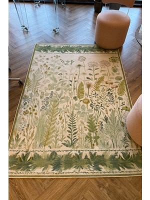 Arteluna Home&Living Garden 809 Yeşil Bej Botanik Çiçekli Halı Yıkanabilir Kolay Temizlenen Dokuma Taban Ince Halı
