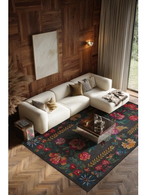 Arteluna Home&Living Fiora 206 Siyah Renkli Çiçekli Modern Halı Tasarım Ince Kilim Halı Hol Yolluk Ev Oda Salon Halısı