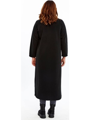 Laden Triko Büyük Beden Tesettür Orta Kalın Çelik Örgü Anne Siyah Uzun Hırka Pardösü