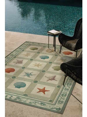 Marine 91 Yeşil Kareli Deniz Ürünleri Tasarımı Yıkanabilir Modern Oturma Odası Ince Oda Salon Halısı