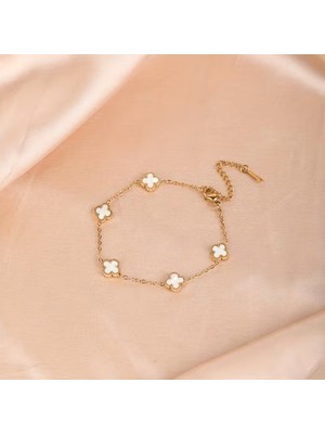Çelik Bileklik Dört Yapraklı Küçük Yonca Beyaz Sedef Taşlı Uzunluk 18 cm Gold