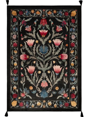 Karaköy 501 Siyah Püsküllü Etnik Geleneksel Motifli Yıkanabilir Halı Salon Oturma Odası Ev Halısı