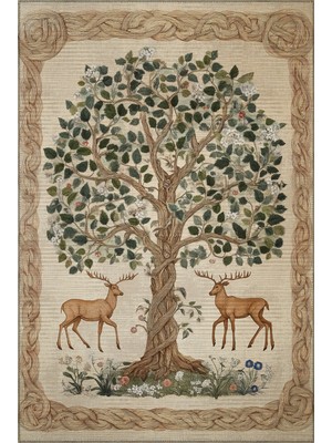 Safari 110 Geyik Ağaç Tasarım Botanik Tasarım Halı Modern Oturma Odası Ince Yazlık Oda Salon Halısı