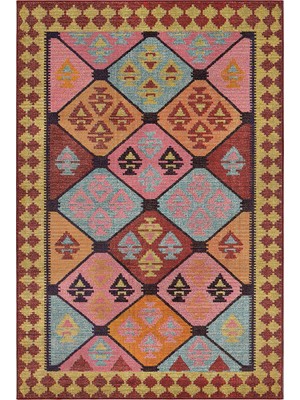 Arteluna Home&Living Mihrimah 503 Pembe Turuncu Etnik Halı Vintage Halı Yıkanabilir Ince Dokuma Salon Oturma Odası Halısı